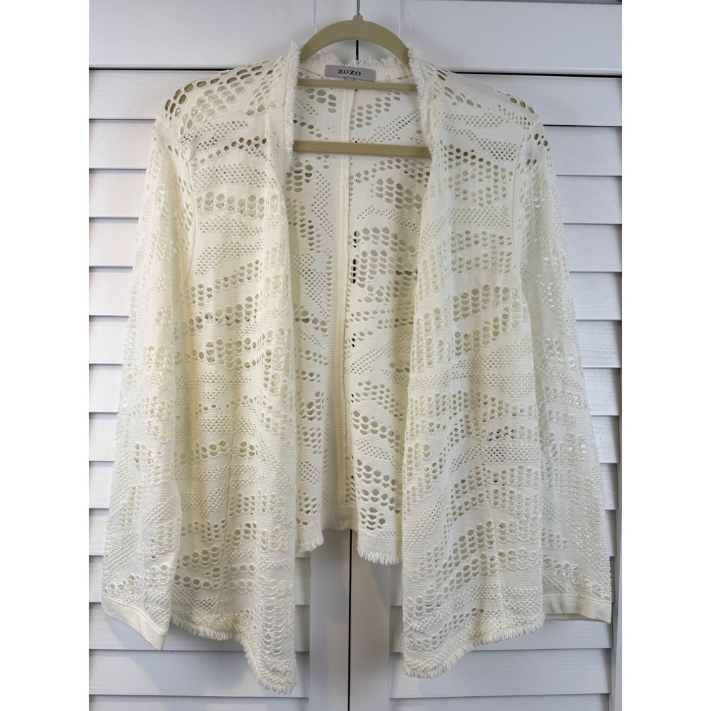 ZOZO Open Front Cardigan Women XL White Crochet‎ Knit Fringe NEW